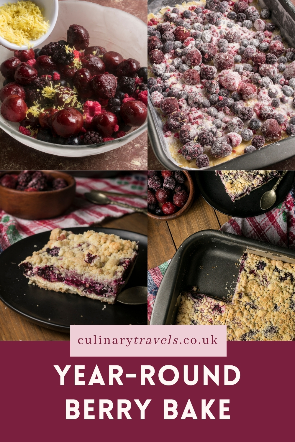 Pinterest graphic for a year-round berry bake, with a collage of frozen berries, berry crumble tart slices and bold text on a deep berry panel.